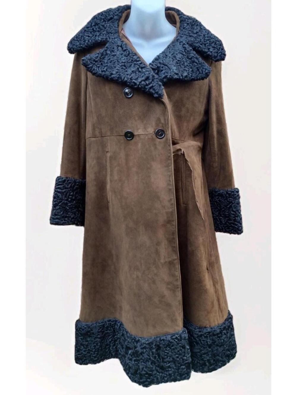 VTG 60s Anne Klein Mallory Penny Lane Suede Coat Curly Lamb Trim Boho Sz 10